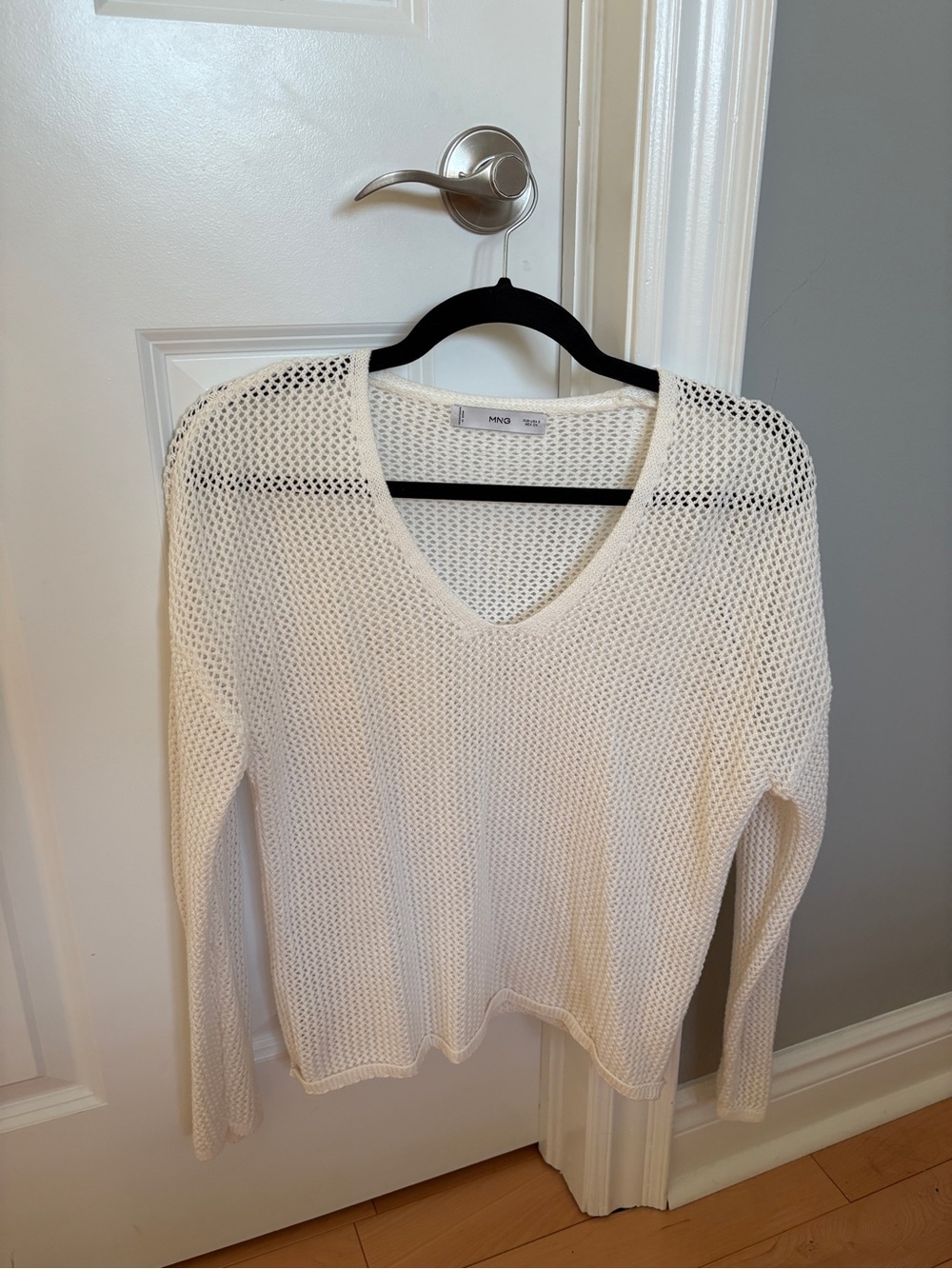 Mango Open-Knit Cream V-Neck Sweater
